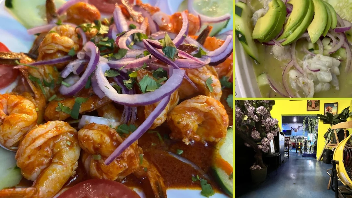 Colorful seafood plates on a busy dining table.