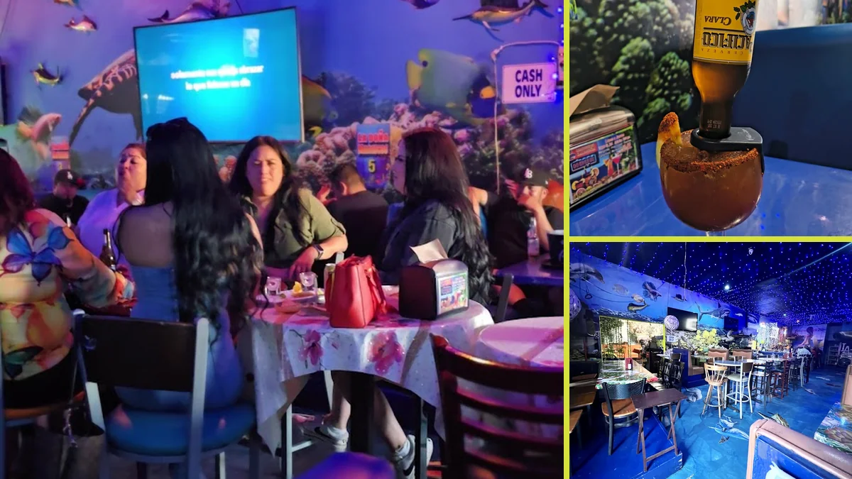 Casual restaurant tables with drinks and shared plates.
