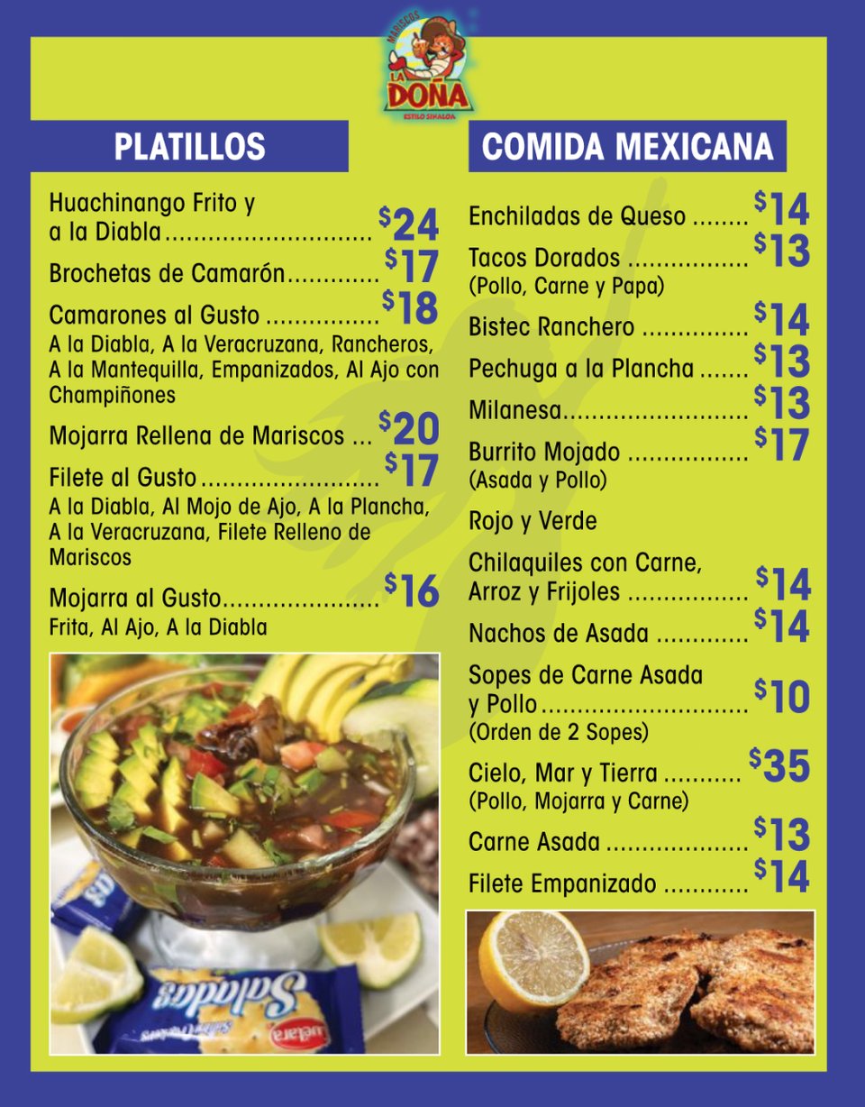 Food menu layout for a Mexican seafood spot.