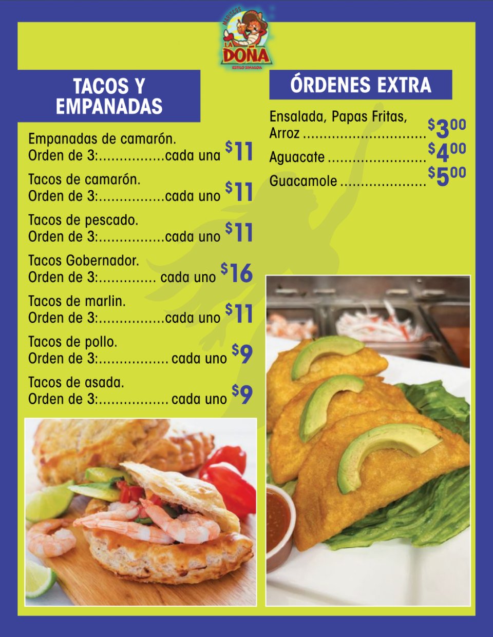 Printed menu with seafood and kids options.